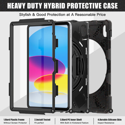 For iPad 10.9 (2022) Kickstand PC + Silicone Tablet Case 360 Degree Rotation Hand Strap Shockproof Rugged Protective Cover