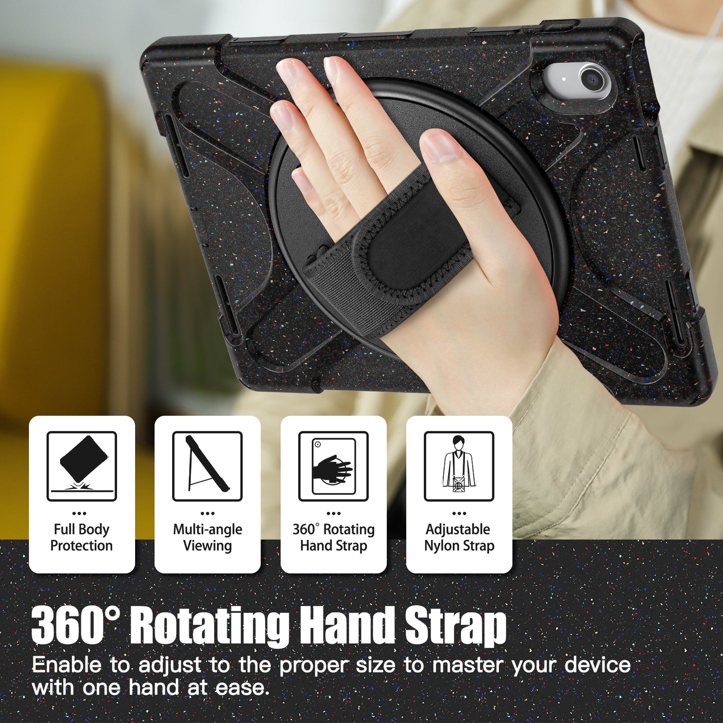 For iPad 10.9 (2022) Kickstand PC + Silicone Tablet Case 360 Degree Rotation Hand Strap Shockproof Rugged Protective Cover