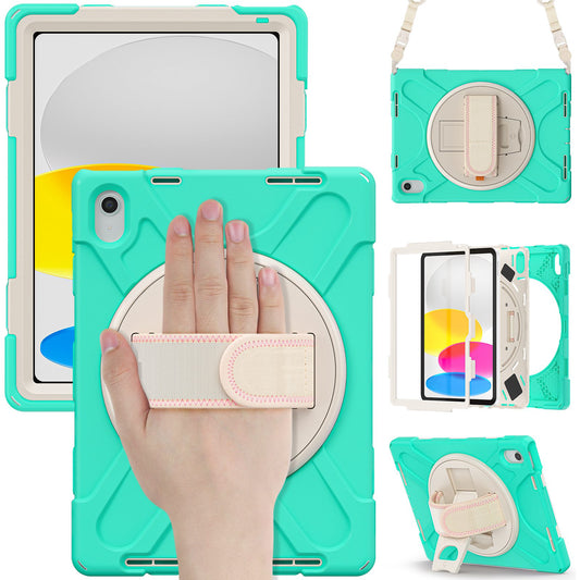 For iPad 10.9 (2022) Shockproof Case Kickstand Anti-Drop Tablet Case PC + Silicone Protective Cover with Hand Strap / Shoulder Strap
