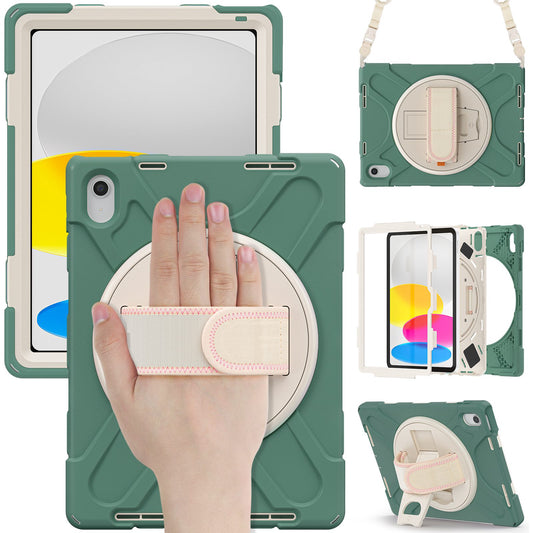 For iPad 10.9 (2022) Shockproof Case Kickstand Anti-Drop Tablet Case PC + Silicone Protective Cover with Hand Strap / Shoulder Strap