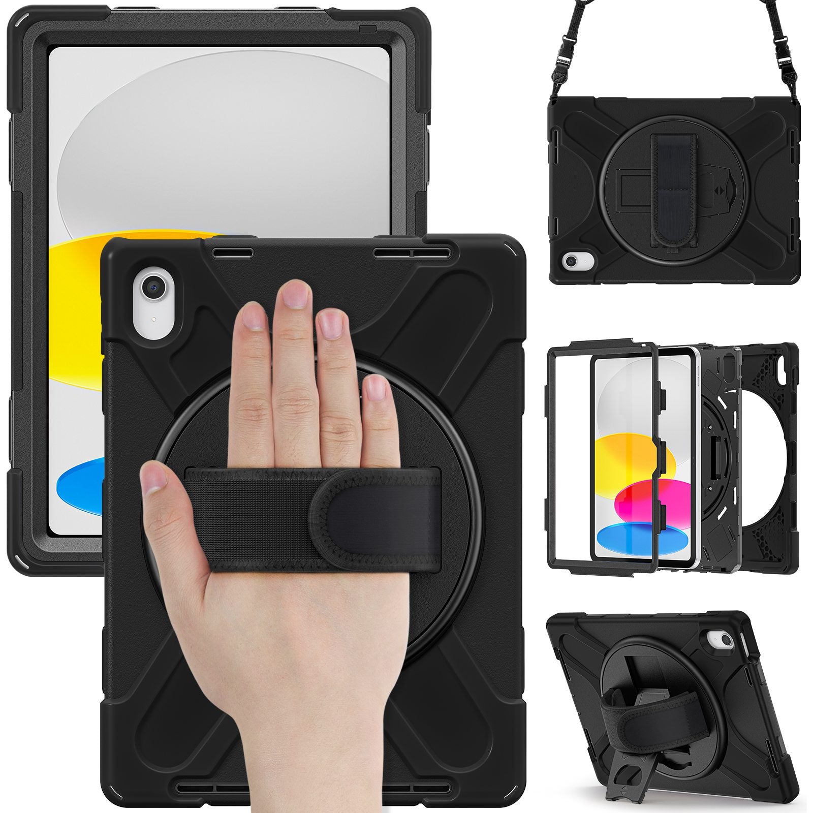 For iPad 10.9 (2022) Shockproof Case Kickstand Anti-Drop Tablet Case PC + Silicone Protective Cover with Hand Strap / Shoulder Strap