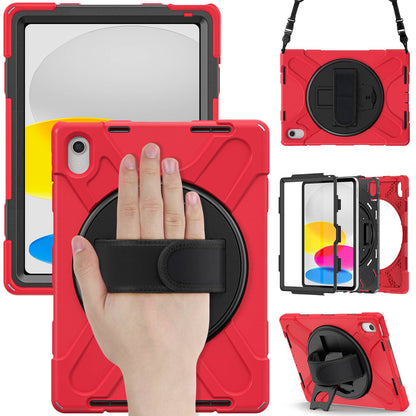For iPad 10.9 (2022) Shockproof Case Kickstand Anti-Drop Tablet Case PC + Silicone Protective Cover with Hand Strap / Shoulder Strap