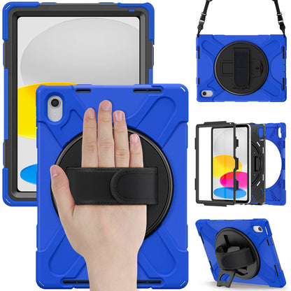 For iPad 10.9 (2022) Shockproof Case Kickstand Anti-Drop Tablet Case PC + Silicone Protective Cover with Hand Strap / Shoulder Strap