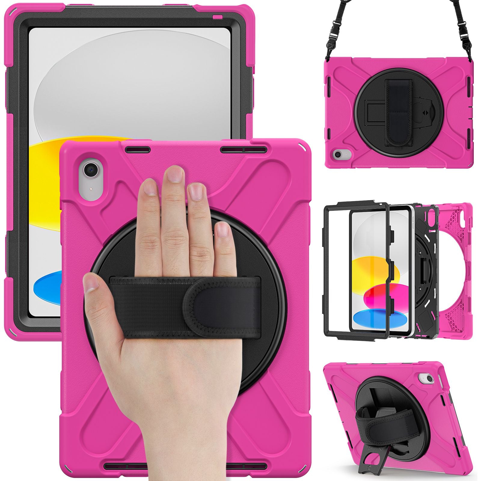 For iPad 10.9 (2022) Shockproof Case Kickstand Anti-Drop Tablet Case PC + Silicone Protective Cover with Hand Strap / Shoulder Strap