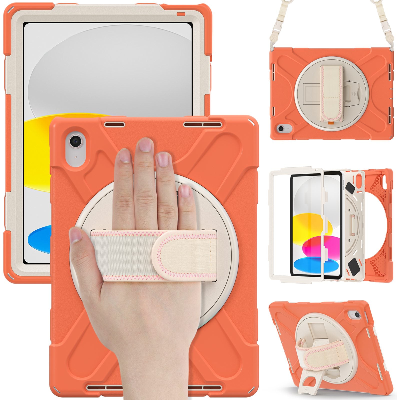 For iPad 10.9 (2022) Shockproof Case Kickstand Anti-Drop Tablet Case PC + Silicone Protective Cover with Hand Strap / Shoulder Strap