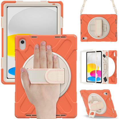 For iPad 10.9 (2022) Shockproof Case Kickstand Anti-Drop Tablet Case PC + Silicone Protective Cover with Hand Strap / Shoulder Strap