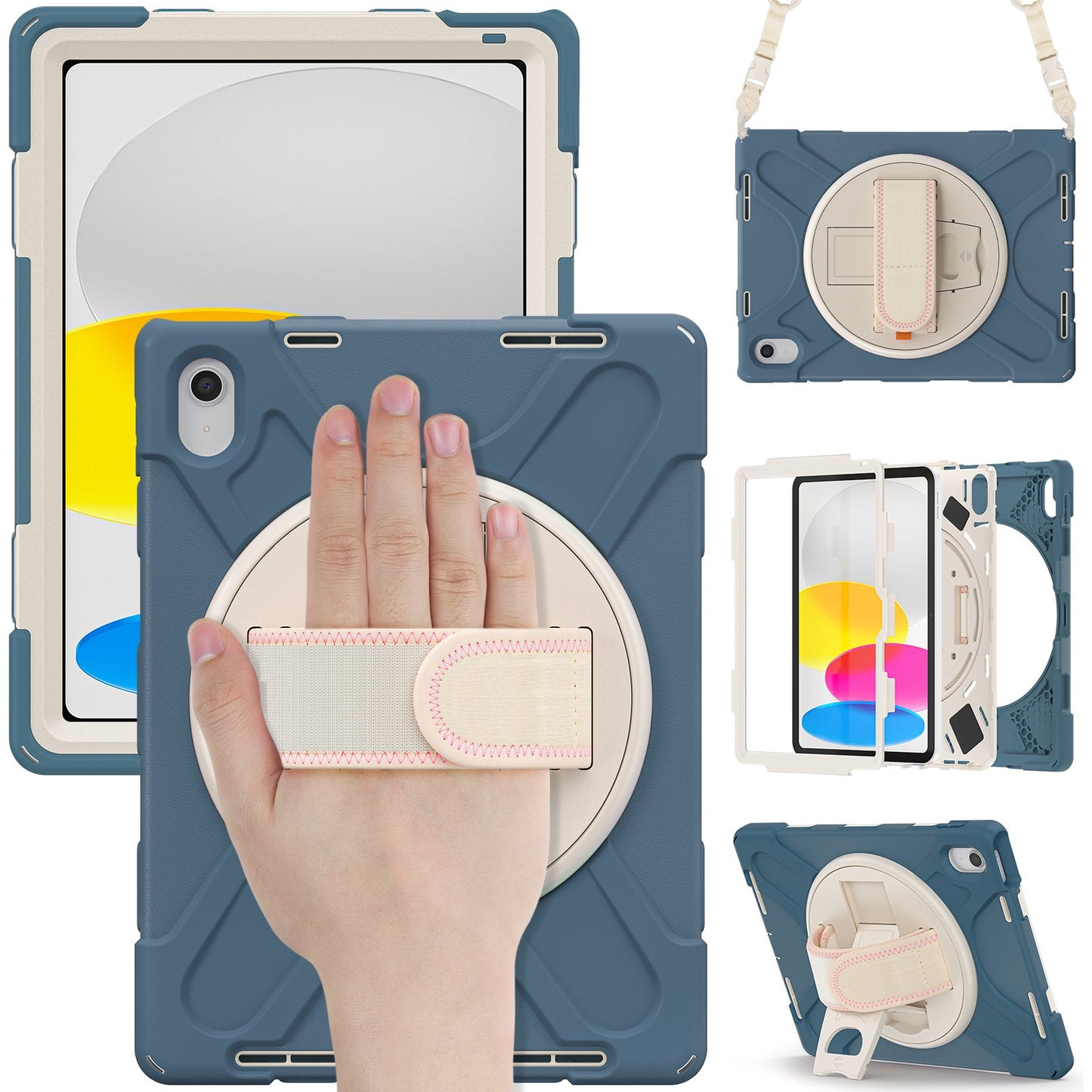 For iPad 10.9 (2022) Shockproof Case Kickstand Anti-Drop Tablet Case PC + Silicone Protective Cover with Hand Strap / Shoulder Strap