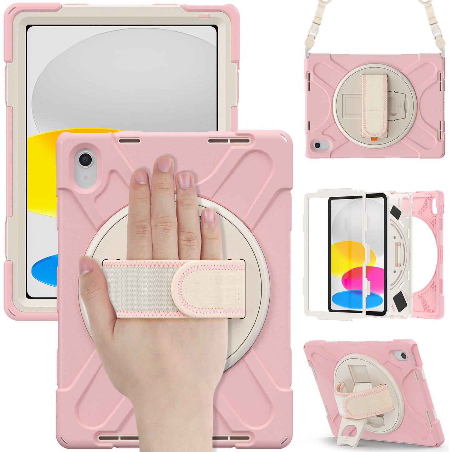 For iPad 10.9 (2022) Shockproof Case Kickstand Anti-Drop Tablet Case PC + Silicone Protective Cover with Hand Strap / Shoulder Strap
