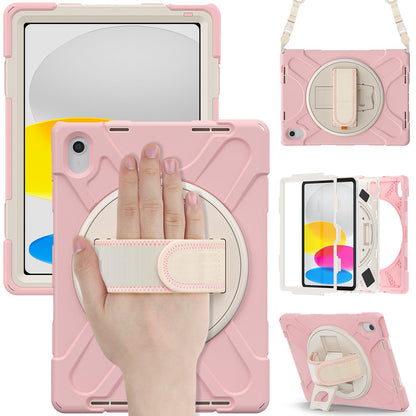 For iPad 10.9 (2022) Shockproof Case Kickstand Anti-Drop Tablet Case PC + Silicone Protective Cover with Hand Strap / Shoulder Strap