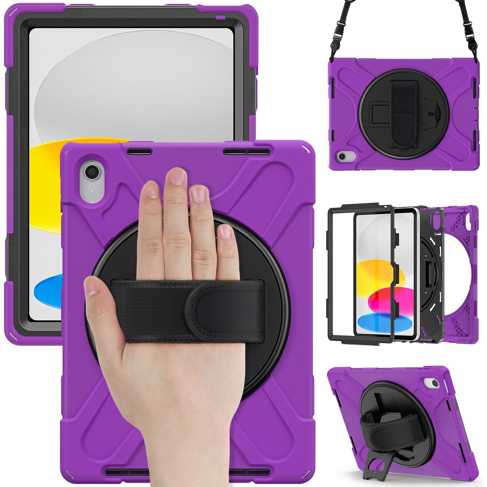 For iPad 10.9 (2022) Shockproof Case Kickstand Anti-Drop Tablet Case PC + Silicone Protective Cover with Hand Strap / Shoulder Strap