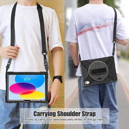 For iPad 10.9 (2022) Shockproof Case Kickstand Anti-Drop Tablet Case PC + Silicone Protective Cover with Hand Strap  /  Shoulder Strap