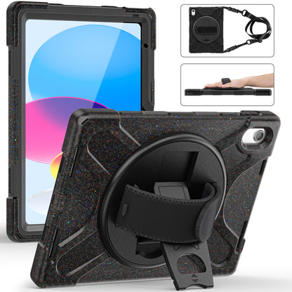 For iPad 10.9 (2022) Shockproof Case Kickstand Anti-Drop Tablet Case PC + Silicone Protective Cover with Hand Strap  /  Shoulder Strap