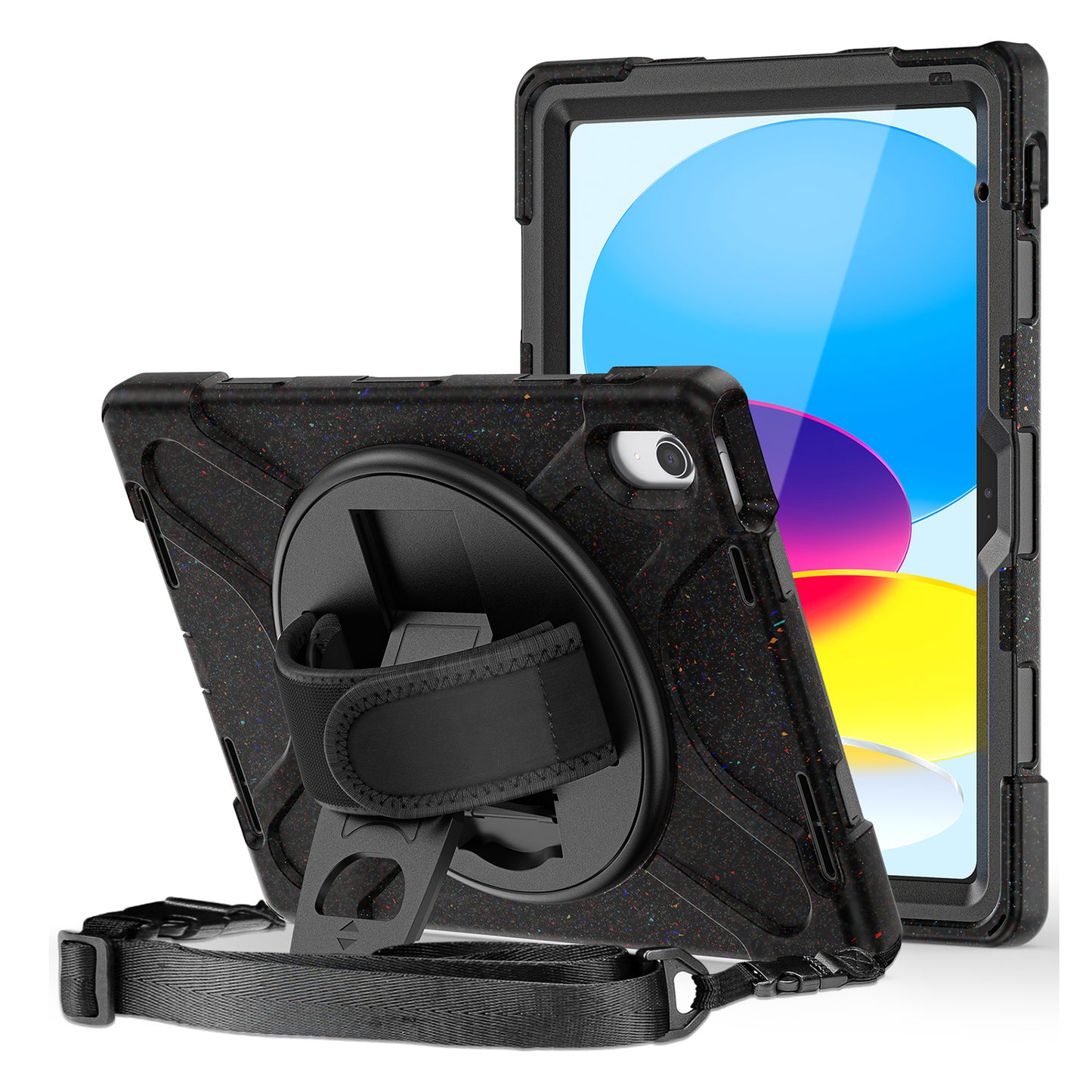 For iPad 10.9 (2022) Shockproof Case Kickstand Anti-Drop Tablet Case PC + Silicone Protective Cover with Hand Strap  /  Shoulder Strap