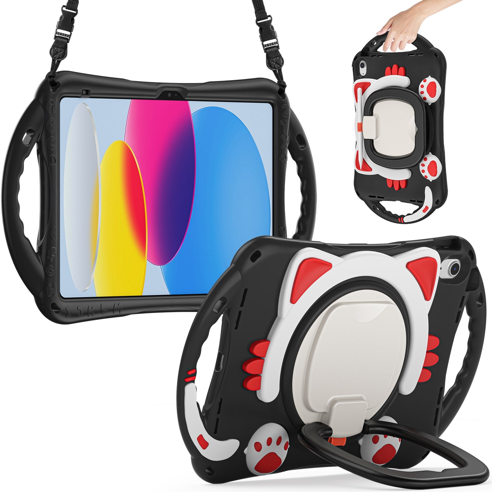 For iPad 10.9 (2022) Shockproof Case Anti-Drop PC + Silicone Tablet Cover with Rotating Kickstand Handle / Shoulder Strap