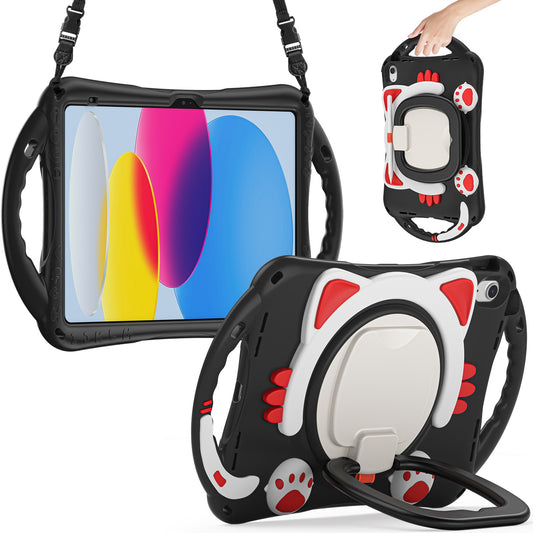 For iPad 10.9 (2022) Shockproof Case Anti-Drop PC + Silicone Tablet Cover with Rotating Kickstand Handle / Shoulder Strap