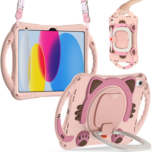 For iPad 10.9 (2022) Shockproof Case Anti-Drop PC + Silicone Tablet Cover with Rotating Kickstand Handle / Shoulder Strap