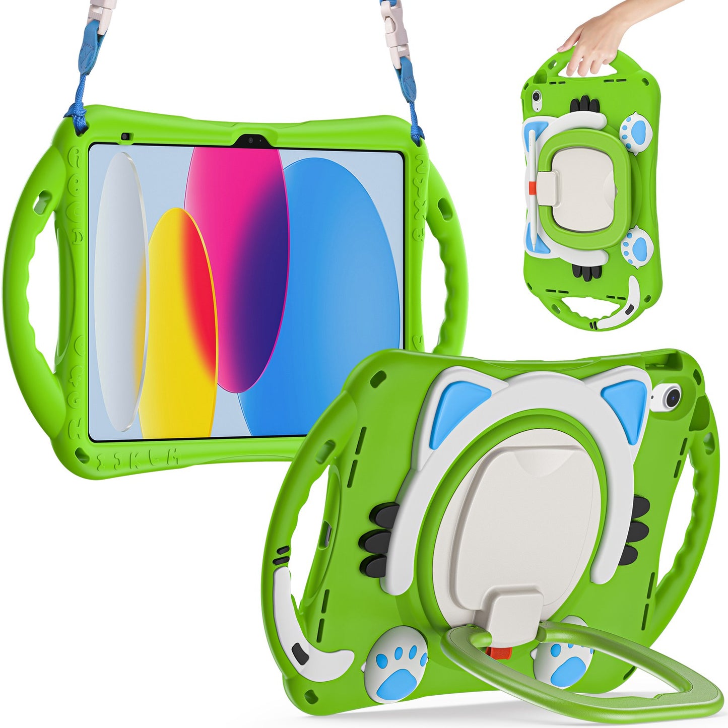 For iPad 10.9 (2022) Shockproof Case Anti-Drop PC + Silicone Tablet Cover with Rotating Kickstand Handle / Shoulder Strap
