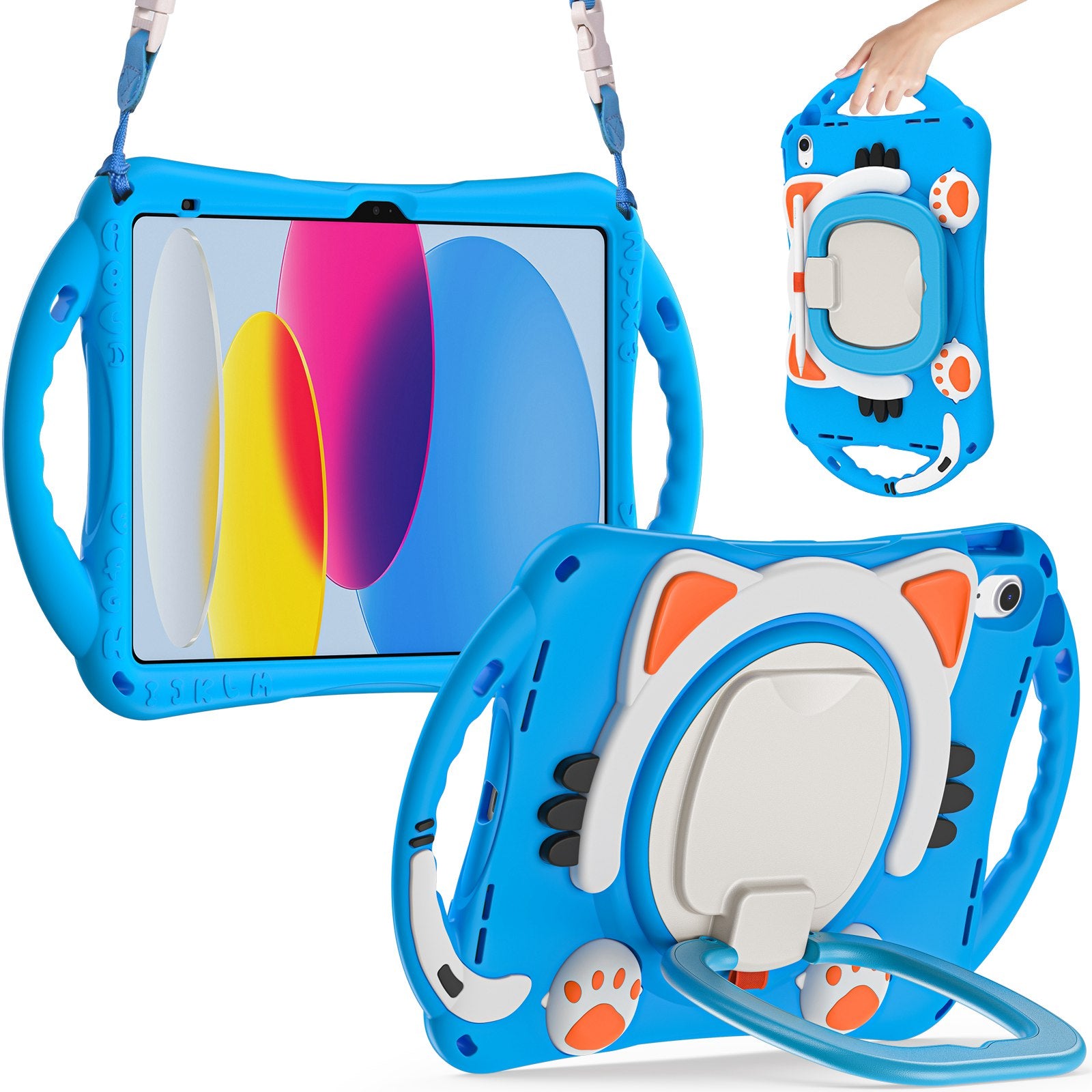 For iPad 10.9 (2022) Shockproof Case Anti-Drop PC + Silicone Tablet Cover with Rotating Kickstand Handle / Shoulder Strap