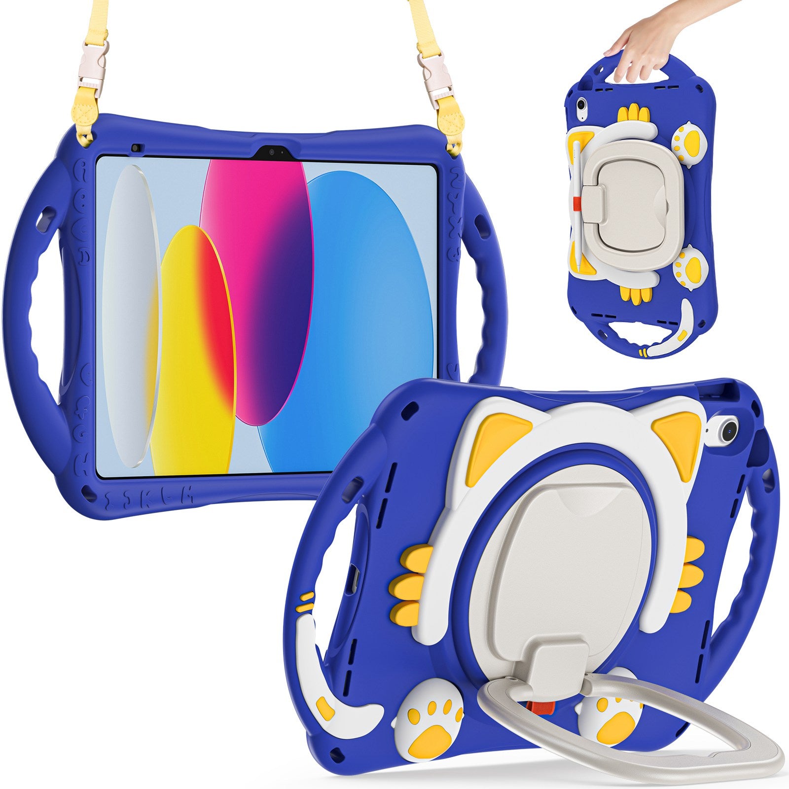 For iPad 10.9 (2022) Shockproof Case Anti-Drop PC + Silicone Tablet Cover with Rotating Kickstand Handle / Shoulder Strap
