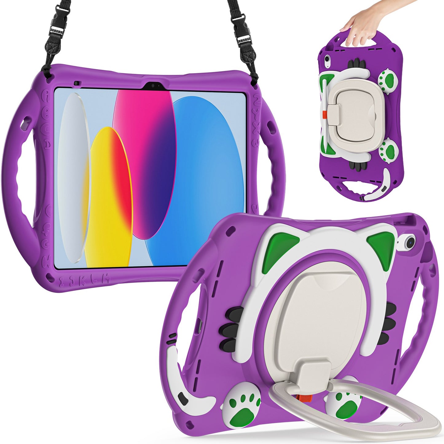 For iPad 10.9 (2022) Shockproof Case Anti-Drop PC + Silicone Tablet Cover with Rotating Kickstand Handle / Shoulder Strap