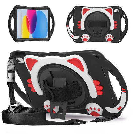 For iPad 10.9 (2022) / iPad 10th Gen Armor Defender PC + Silicone Hybrid Case Rotating Hand Strap Kickstand Tablet Cover with Shoulder Strap