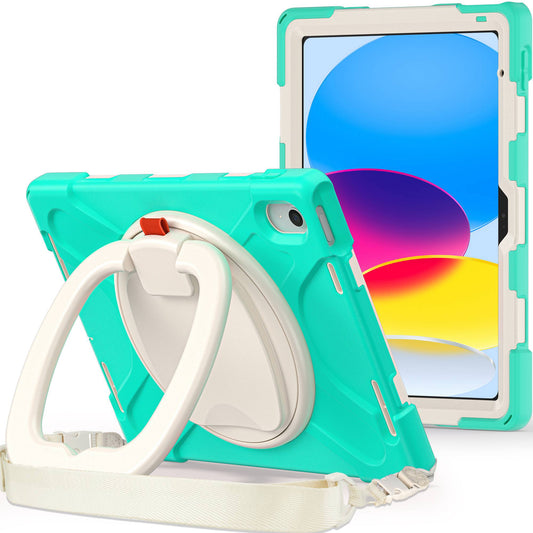 For iPad 10.9 (2022) Rotary Kickstand Tablet Protective Case PC + Silicone Anti-drop Back Cover with Shoulder Strap