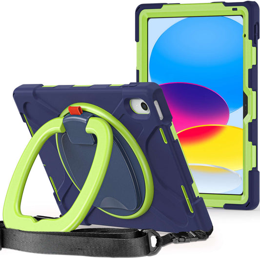 For iPad 10.9 (2022) Rotary Kickstand Tablet Protective Case PC + Silicone Anti-drop Back Cover with Shoulder Strap