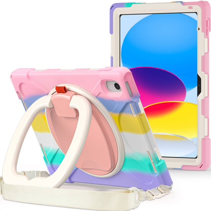 For iPad 10.9 (2022) Rotary Kickstand Tablet Protective Case PC + Silicone Anti-drop Back Cover with Shoulder Strap