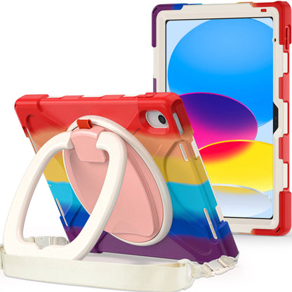 For iPad 10.9 (2022) Rotary Kickstand Tablet Protective Case PC + Silicone Anti-drop Back Cover with Shoulder Strap