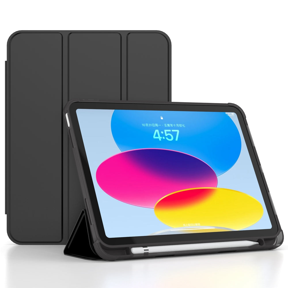 For iPad 10.9 (2022) / iPad 10th Gen Tri-fold Stand Shell Cover PU Leather Auto Wake / Sleep Smart Tablet Case with Pen Slot Holder