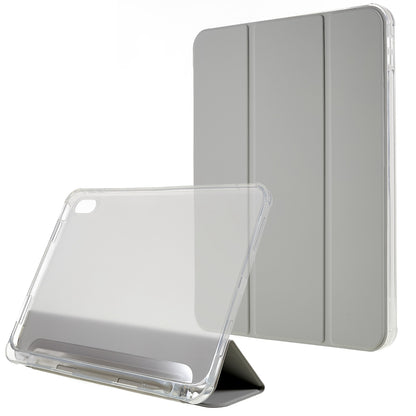 For iPad 10.9 (2022) Trifold Stand Protective Tablet Case PU Leather Transparent TPU Back Auto Sleep / Wake Cover with Pencil Holder