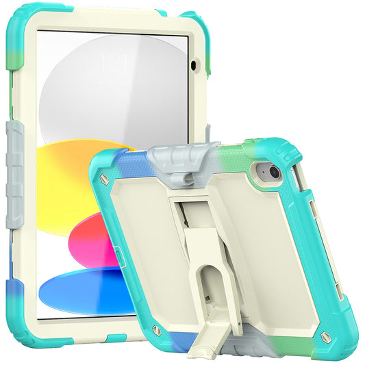 For iPad 10.9 (2022) Thickened Silicone+PC Tablet Case Drop-proof Protective Kickstand Cover with Shoulder Strap (without Screen Protector)