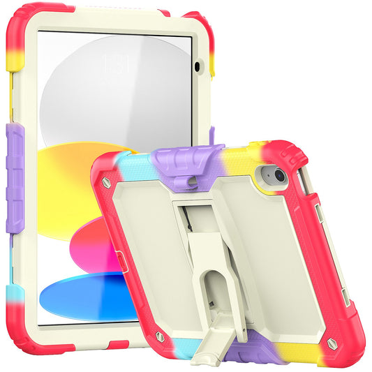 For iPad 10.9 (2022) Thickened Silicone+PC Tablet Case Drop-proof Protective Kickstand Cover with Shoulder Strap (without Screen Protector)