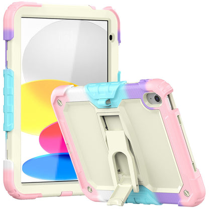 For iPad 10.9 (2022) Thickened Silicone+PC Tablet Case Drop-proof Protective Kickstand Cover with Shoulder Strap (without Screen Protector)