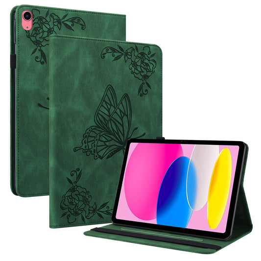 For iPad 10.9 (2022) / iPad 10th Gen Butterfly Flower Imprinted Flip Protection Cover PU Leather Card Holder Stand Smart Tablet Case with Pencil Holder
