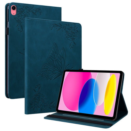 For iPad 10.9 (2022) / iPad 10th Gen Butterfly Flower Imprinted Flip Protection Cover PU Leather Card Holder Stand Smart Tablet Case with Pencil Holder