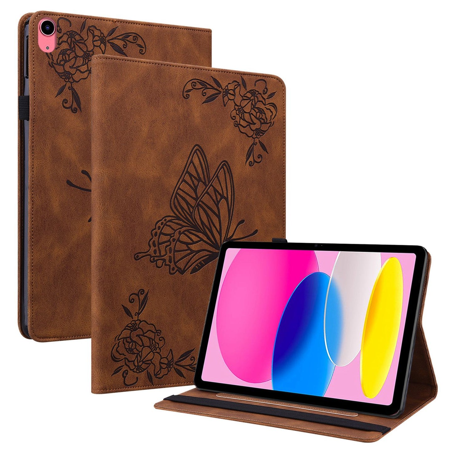 For iPad 10.9 (2022) / iPad 10th Gen Butterfly Flower Imprinted Flip Protection Cover PU Leather Card Holder Stand Smart Tablet Case with Pencil Holder