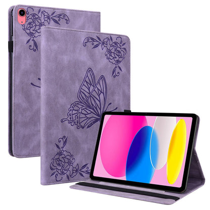 For iPad 10.9 (2022) / iPad 10th Gen Butterfly Flower Imprinted Flip Protection Cover PU Leather Card Holder Stand Smart Tablet Case with Pencil Holder