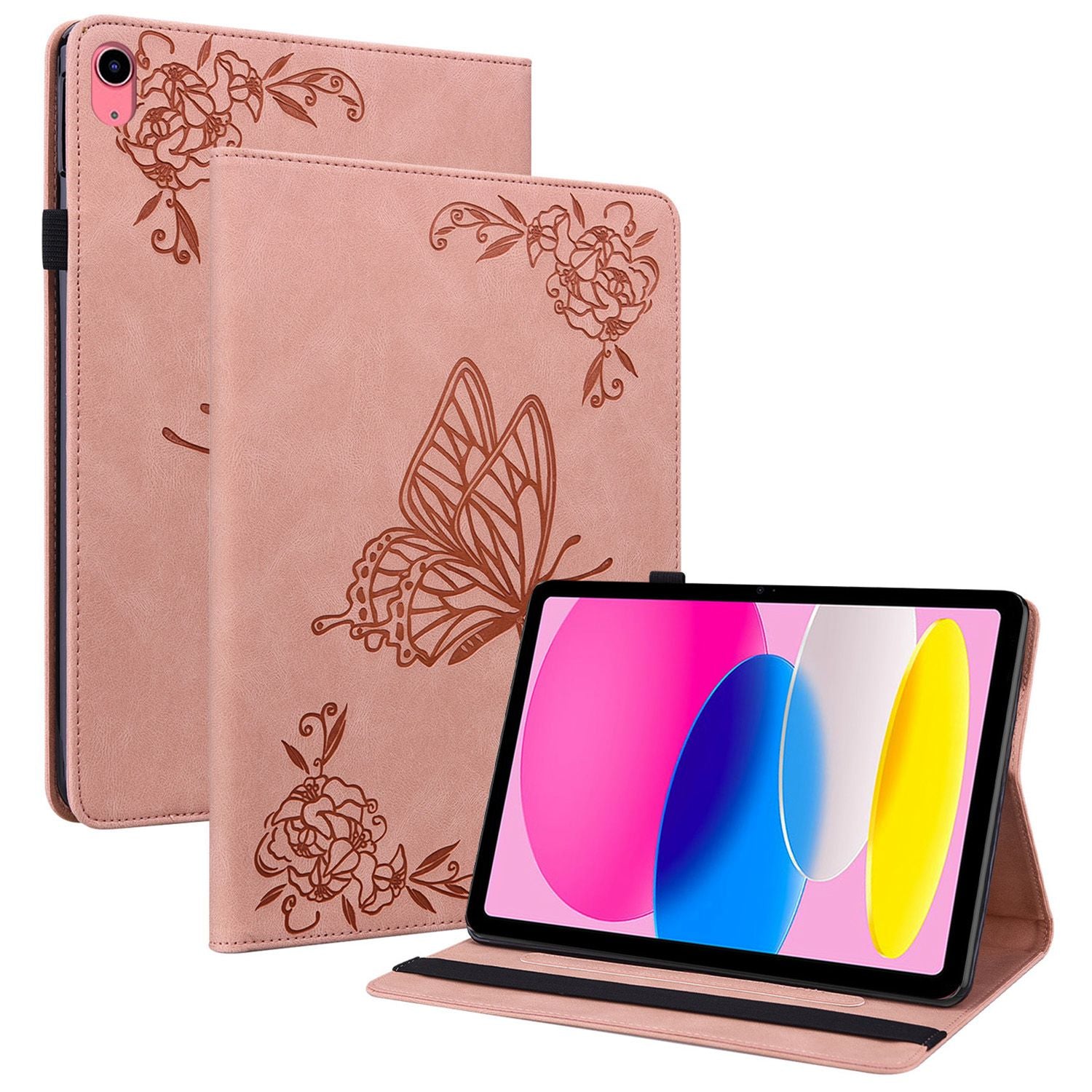 For iPad 10.9 (2022) / iPad 10th Gen Butterfly Flower Imprinted Flip Protection Cover PU Leather Card Holder Stand Smart Tablet Case with Pencil Holder