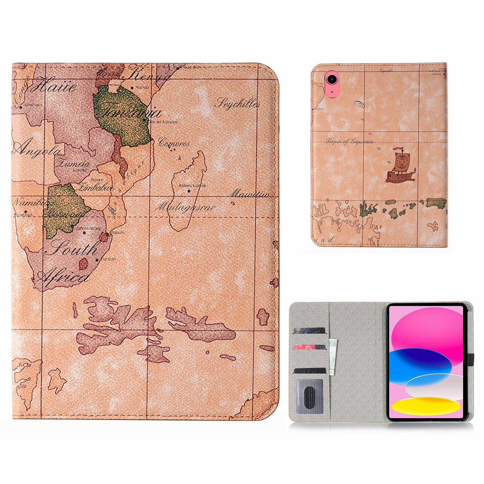 For iPad 10.9 (2022) Map Pattern Printing PU Leather + PC Tablet Case Adjustable Stand Wallet Full Protection Cover