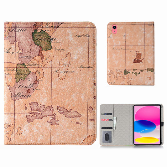 For iPad 10.9 (2022) Map Pattern Printing PU Leather + PC Tablet Case Adjustable Stand Wallet Full Protection Cover