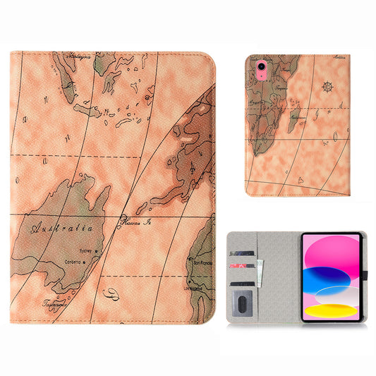 For iPad 10.9 (2022) Map Pattern Printing PU Leather + PC Tablet Case Adjustable Stand Wallet Full Protection Cover