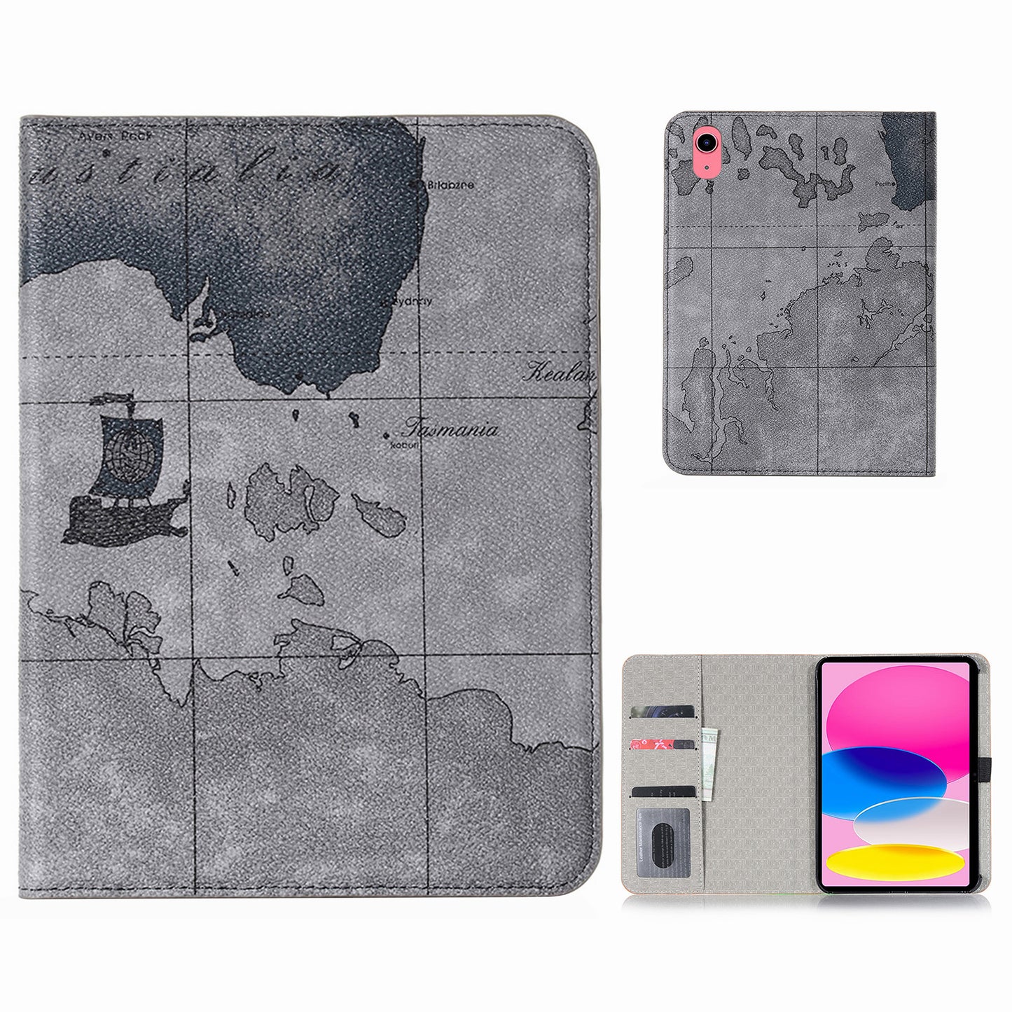 For iPad 10.9 (2022) Map Pattern Printing PU Leather + PC Tablet Case Adjustable Stand Wallet Full Protection Cover