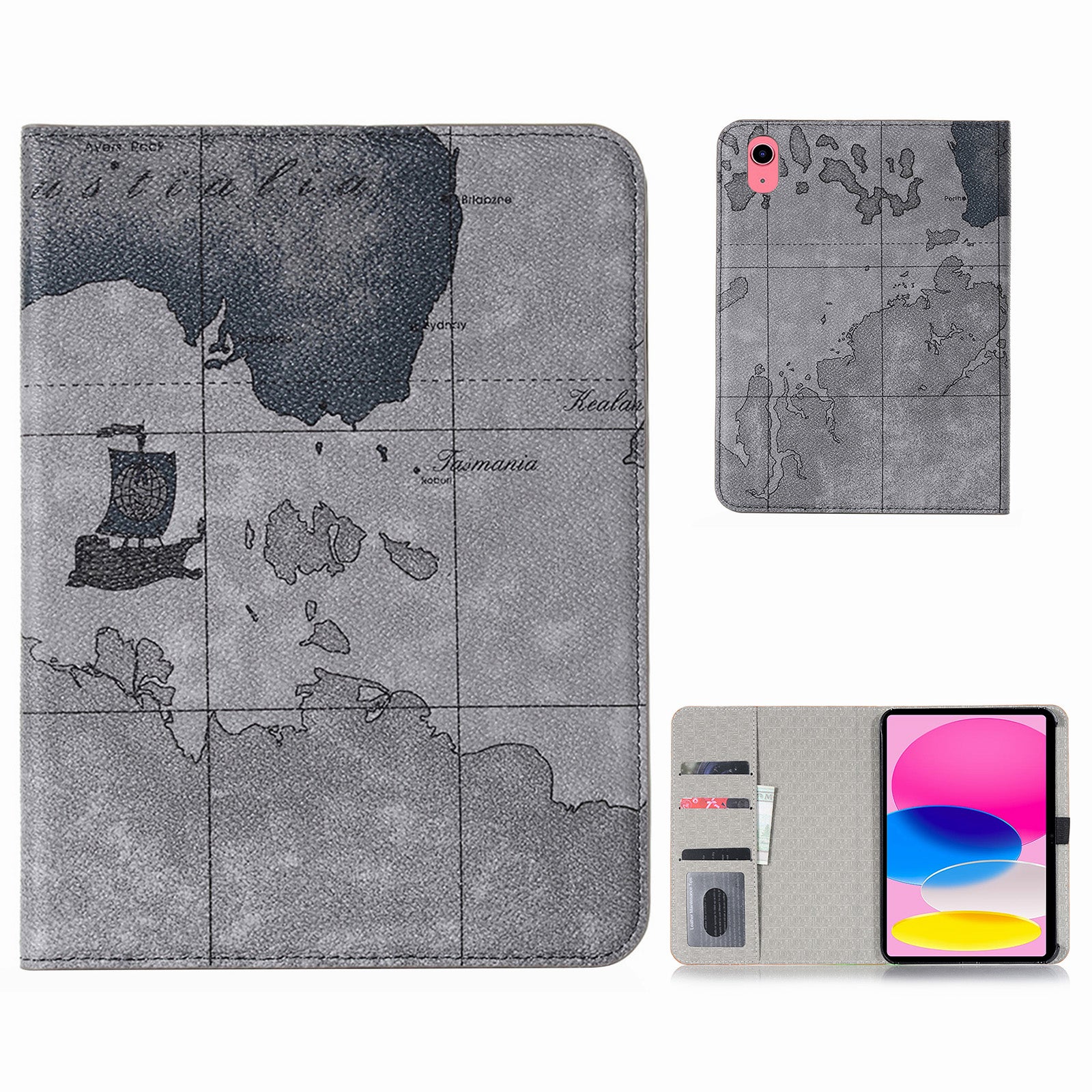 For iPad 10.9 (2022) Map Pattern Printing PU Leather + PC Tablet Case Adjustable Stand Wallet Full Protection Cover