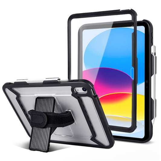 For iPad 10.9 (2022) Anti-drop Air Bags TPU+Matte Acrylic+PC Hybrid Tablet Cover Kickstand Case with Built-in PET Screen Film / Grip Strap / Pen Slot