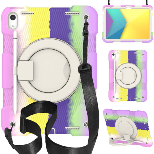 For iPad 10.9 (2022) Colorful Tablet Protective Case Rotatable Kickstand PC + Silicone Shockproof Cover with Shoulder Strap