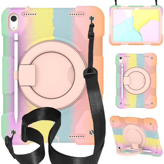 For iPad 10.9 (2022) Colorful Tablet Protective Case Rotatable Kickstand PC + Silicone Shockproof Cover with Shoulder Strap