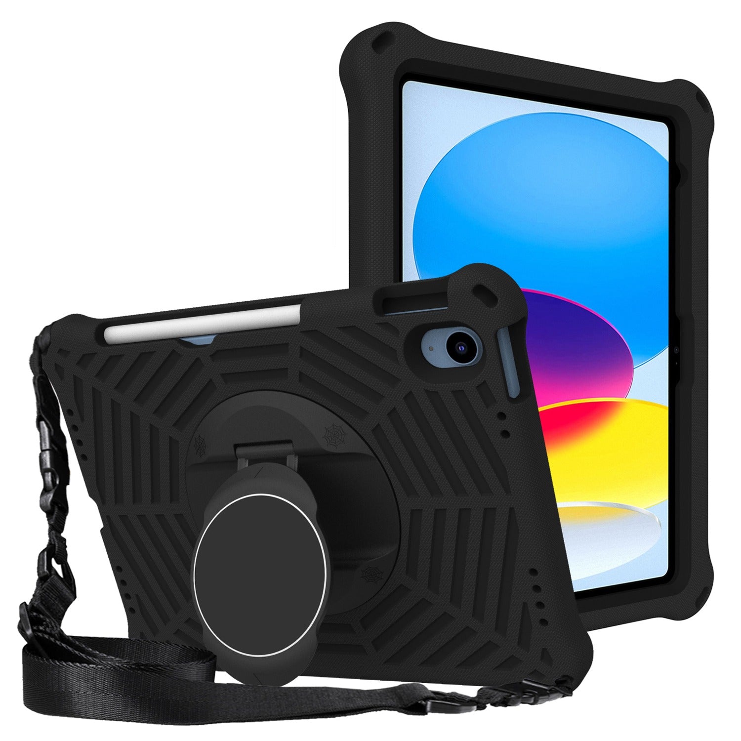 For iPad 10.9 (2022) Spider Web Texture Shockproof EVA Case 360 Degree Rotation Kickstand Cover with Shoulder Strap