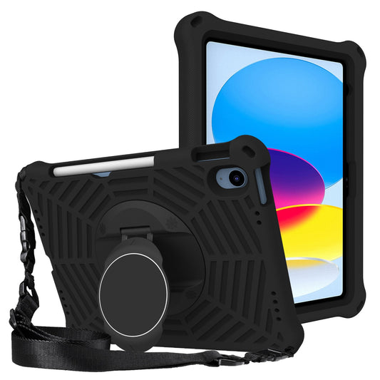 For iPad 10.9 (2022) Spider Web Texture Shockproof EVA Case 360 Degree Rotation Kickstand Cover with Shoulder Strap