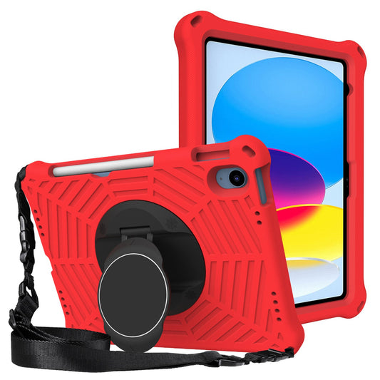 For iPad 10.9 (2022) Spider Web Texture Shockproof EVA Case 360 Degree Rotation Kickstand Cover with Shoulder Strap